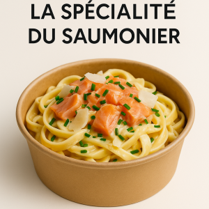 La spécialité du Saumonier (tagliatelles et saumon Flaky) + 1 boisson (prix à la Boutique de Bayeux : 12€)