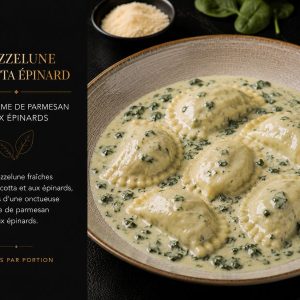 Mezzelune ricotta épinard à la crème de parmesan au épinard